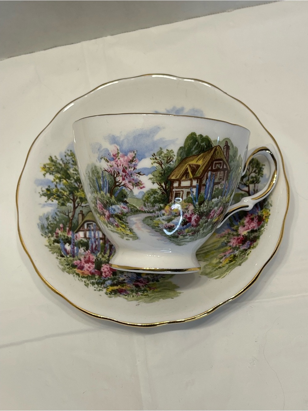 Vintage Floral Village Porcelain Teacup and Saucer - White with Pastel Scene